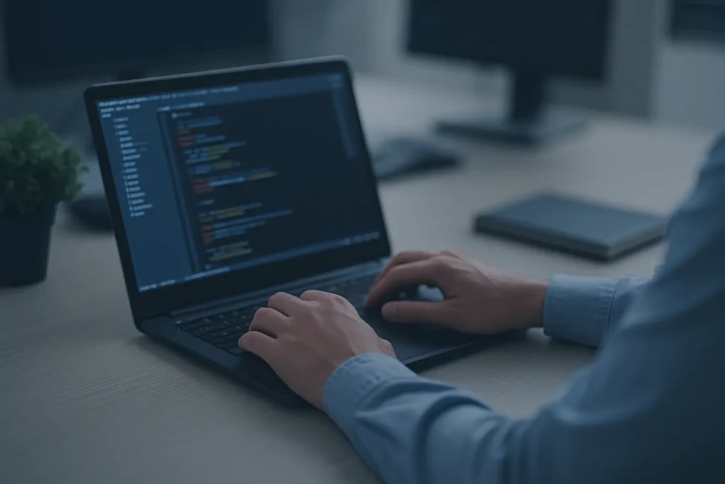 Hands typing on a laptop with code on screen in a modern tech workspace